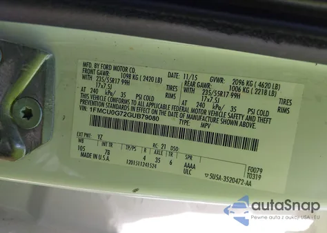 2016 Ford Escape Se из США, поврежденный, VIN 1FMCU0G72GUB79080